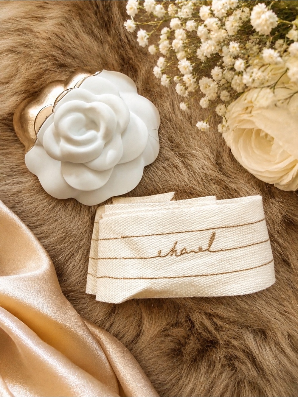CHANEL Cream Camellia Ribbon Hair Accent with Gold Stitching